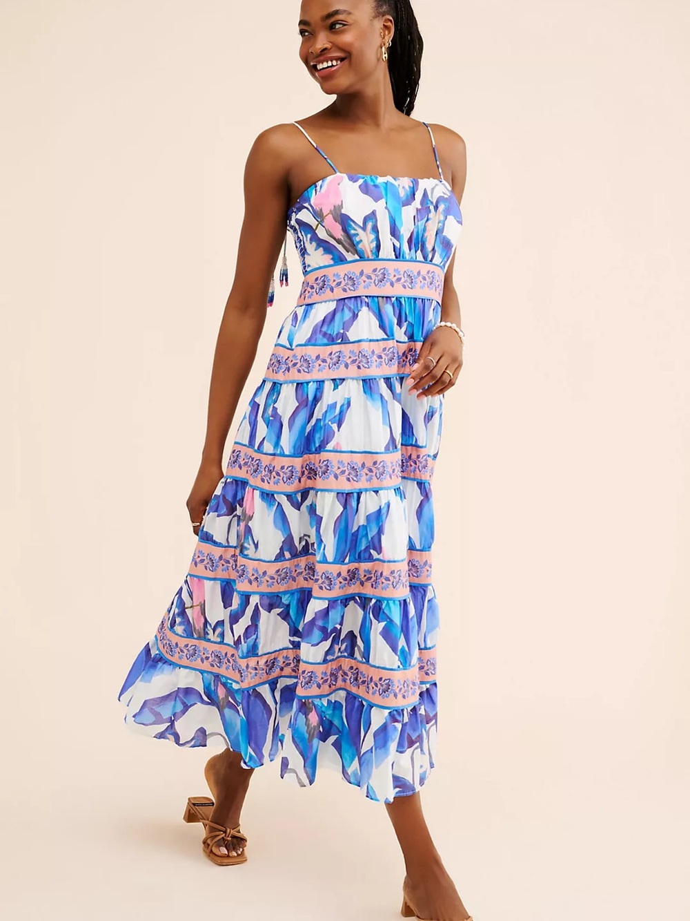 FARM Rio Blue & Pink Tiered Spaghetti-Strap Midi Dress